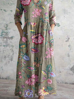 Women's Vintage Elegant Floral Pattern Cotton and Linen Dress with Pockets