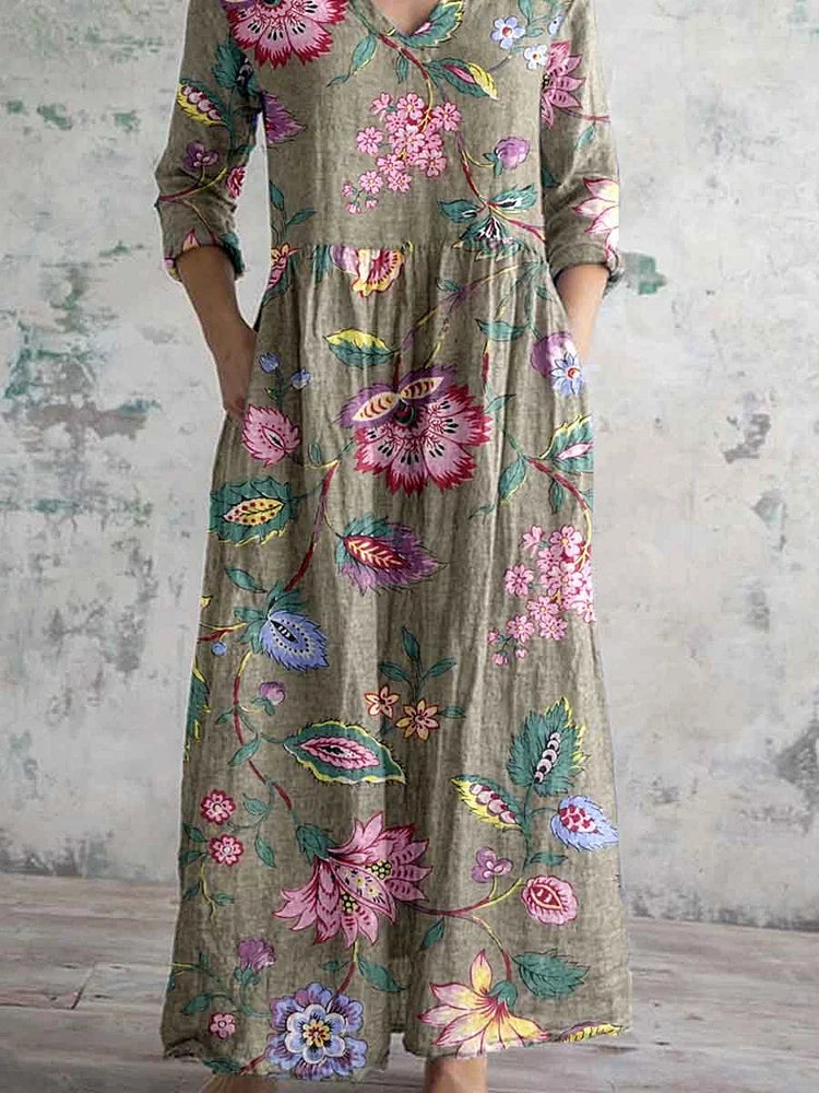 Women's Vintage Elegant Floral Pattern Cotton and Linen Dress with Pockets