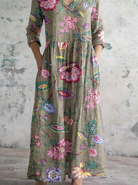 Women's Vintage Elegant Floral Pattern Cotton and Linen Dress with Pockets