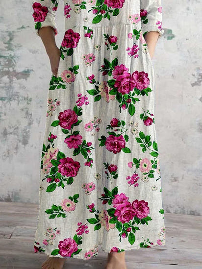 Women's Rose Floral Pattern V-Neck Cotton and Linen Dress with Pockets