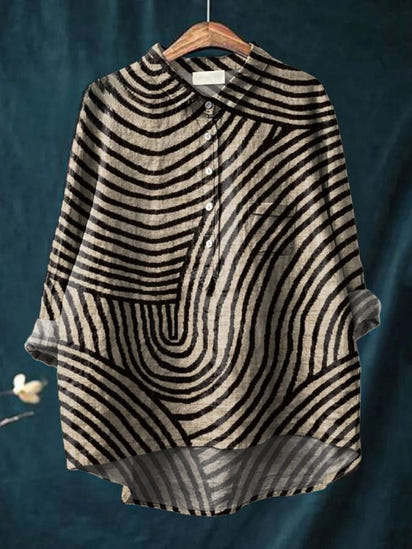 Women's Circular Line Pattern Print Casual Linen Shirt