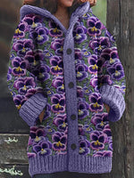 Pansy Floral Embroidery Pattern Cozy Hooded Cardigan