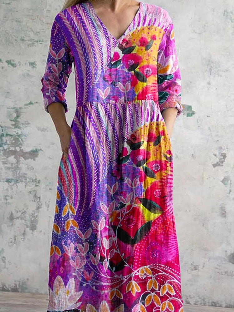 Women's Artistic Geometric Pattern Color Gradient V-neck Cotton And Linen Dress