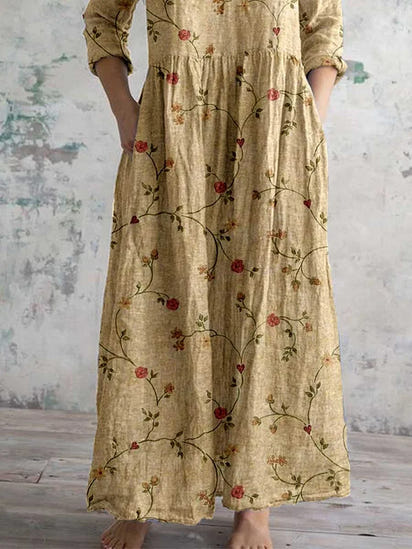 Women's V-neck Elegant Simple Floral Pattern Cotton And Linen Dress With Pockets