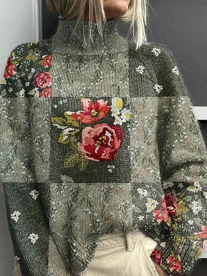 Women's Printed Knitted Turtleneck Pullover