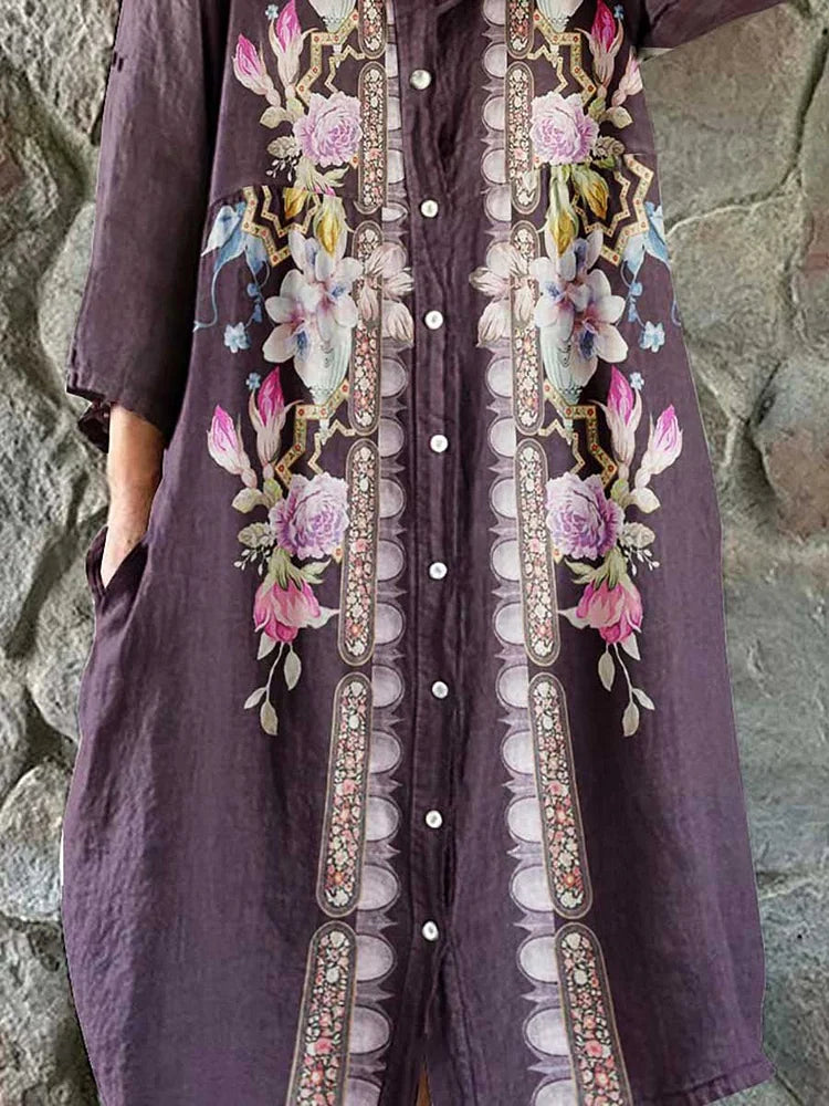 Women's Elegant Floral Print Simple Shirt Cotton Linen Dress
