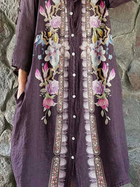 Women's Elegant Floral Print Simple Shirt Cotton Linen Dress