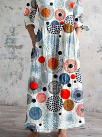 Women's V-neck Seaweed Pattern Resort Style Cotton And Linen Dress With Pockets