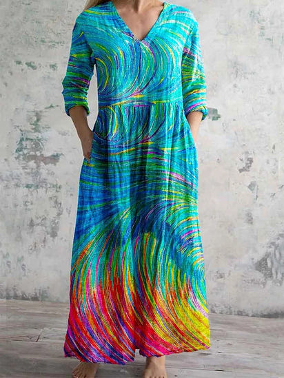 Women's Art Rainbow Print V-Neck Cotton and Linen Dress