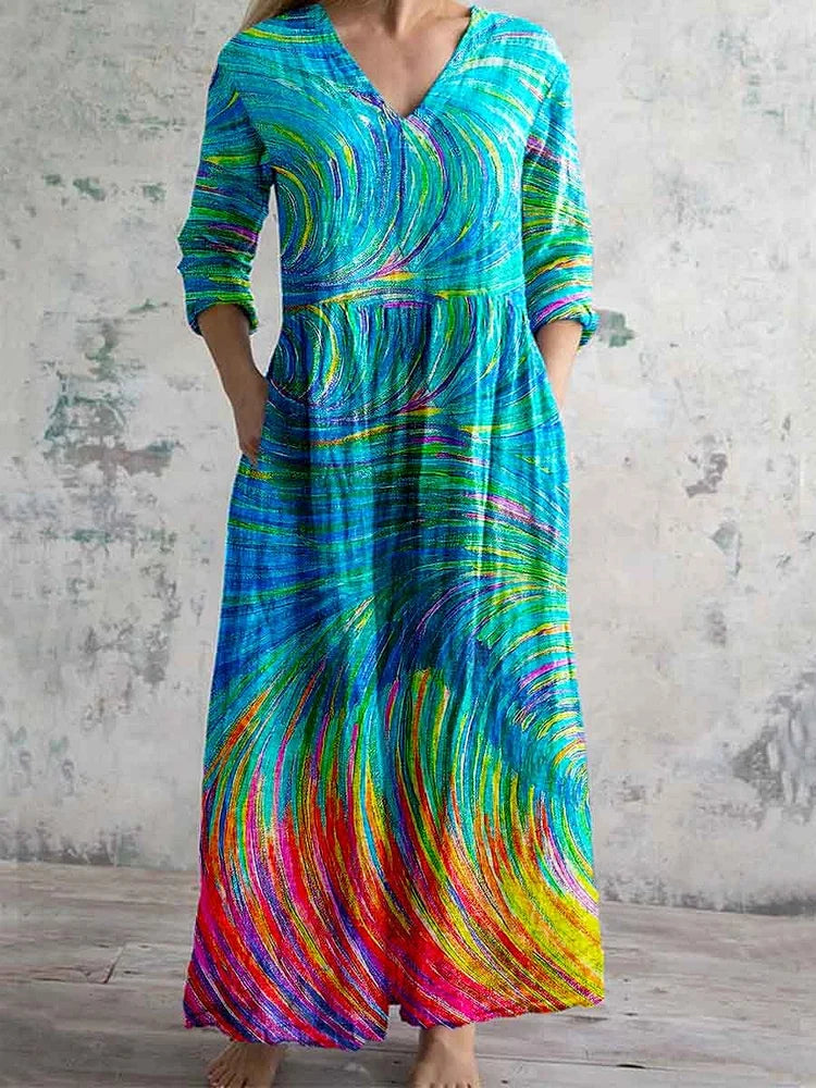 Women's Art Rainbow Print V-Neck Cotton and Linen Dress