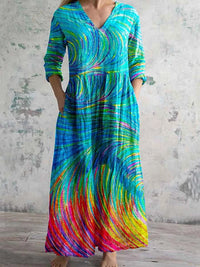 Women's Art Rainbow Print V-Neck Cotton and Linen Dress