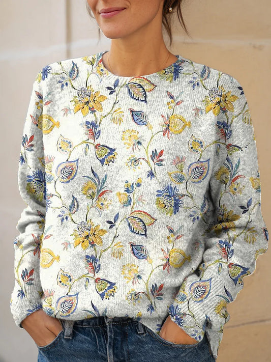 Women's Vintage Artistic Floral Print Knit Pullover Sweater