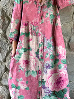 Women's Rose Floral Print Elegant Simple Shirt Cotton and Linen Dress