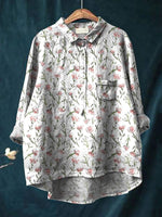 Pink Spring Floral Repeat Pattern Printed Women's Casual Linen Shirt