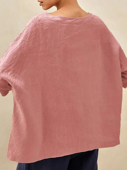 Women'S Linen Boat Neck Three Quarter Sleeve Top