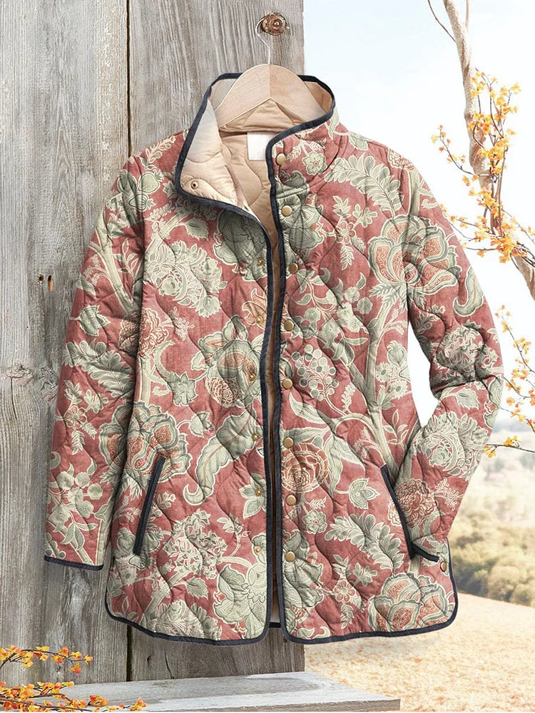 Women's Casual Quilted Jacket with Vintage Floral Print