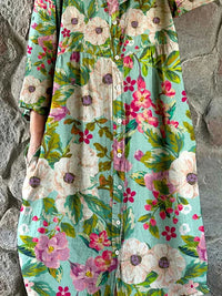 Women's Elegant Rose Floral Print Shirt Style Cotton and Linen Dress