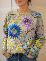 Women's Vintage Floral Art Print Knit Pullover Sweater