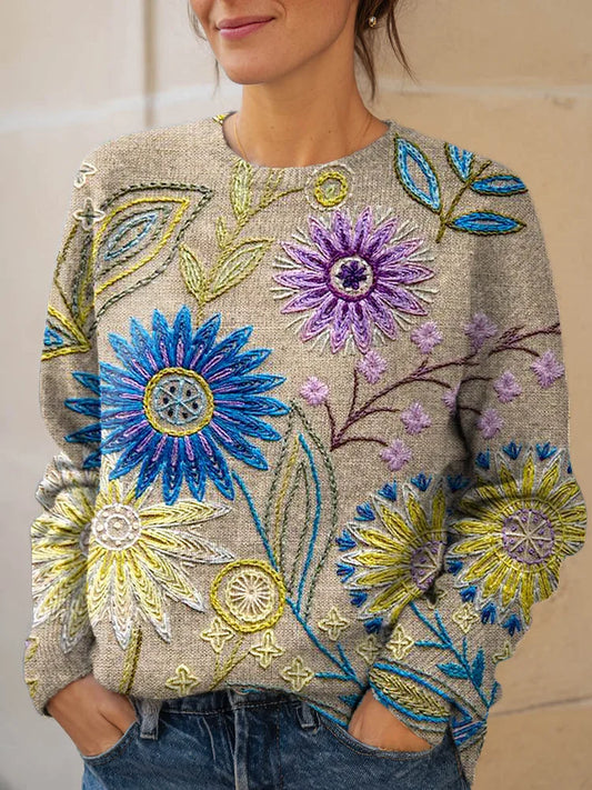 Women's Vintage Floral Art Print Knit Pullover Sweater