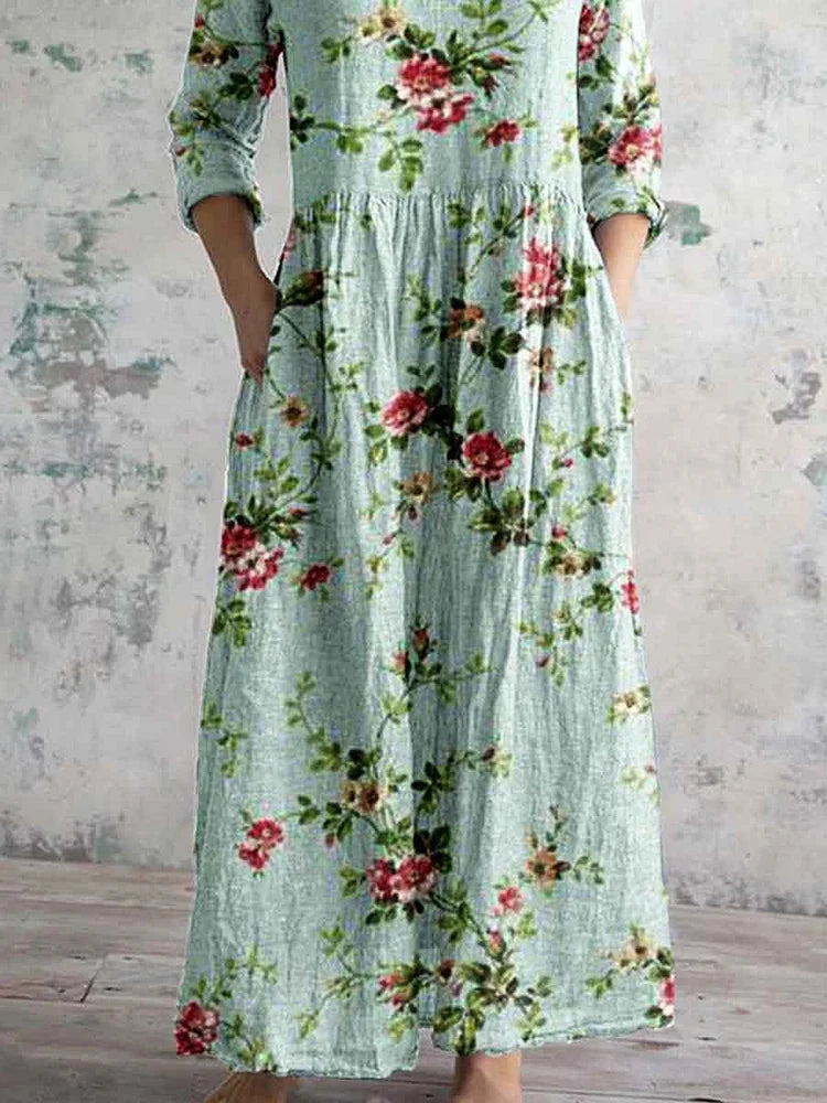 Women's Elegant Rose Floral Print V-Neck Cotton and Linen Dress with Pockets