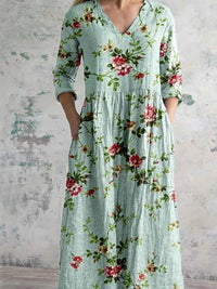Women's Elegant Rose Floral Print V-Neck Cotton and Linen Dress with Pockets