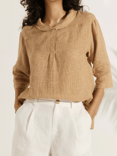 Women's Casual Checked Linen Classic Doll Collar Shirt