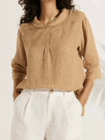 Women's Casual Checked Linen Classic Doll Collar Shirt