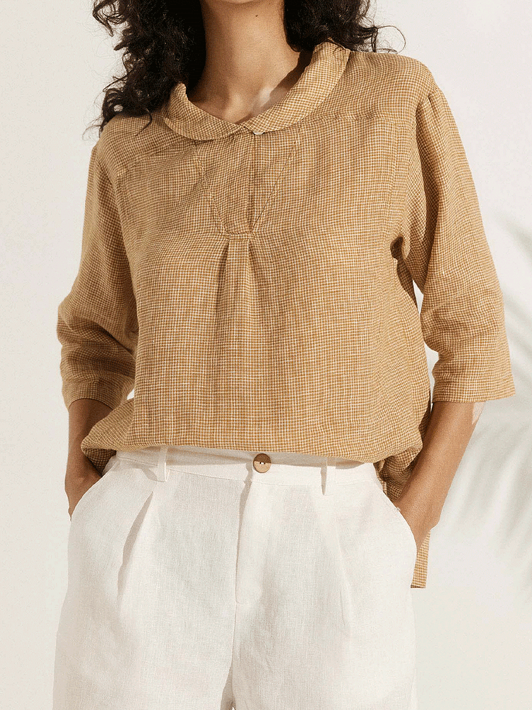 Women's Casual Checked Linen Classic Doll Collar Shirt