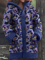 Pansy Floral Embroidery Pattern Cozy Hooded Cardigan
