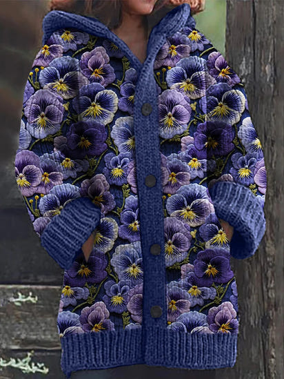 Pansy Floral Embroidery Pattern Cozy Hooded Cardigan