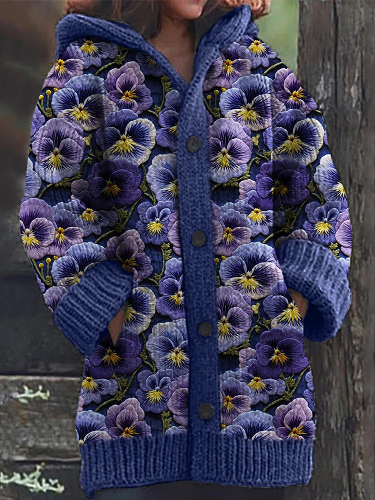 Pansy Floral Embroidery Pattern Cozy Hooded Cardigan