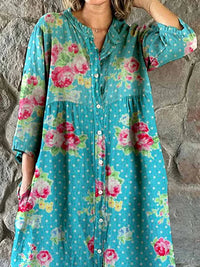 Women's Elegant Rose Polka Dot Floral Print Shirt Style Cotton and Linen Dress