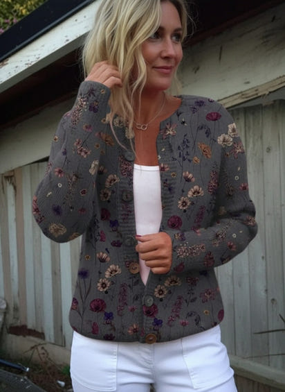 Floral Art Print Buttoned Cardigan Sweater