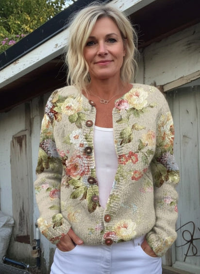 Retro Fresh Flowers Print Buttoned Cardigan Sweater
