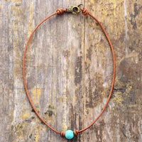Handmade Leather & Turquoise Bead Choker Necklace