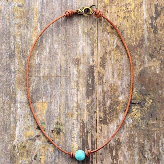 Handmade Leather & Turquoise Bead Choker Necklace