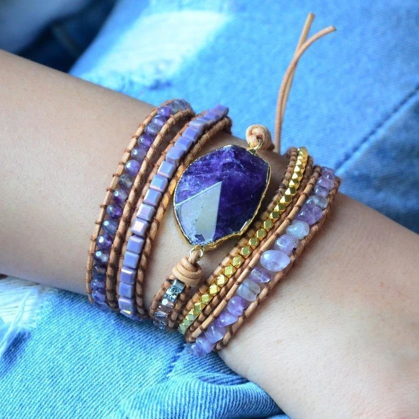 Handmade Natural Amethyst Gemstone Leather Wrap Bracelet