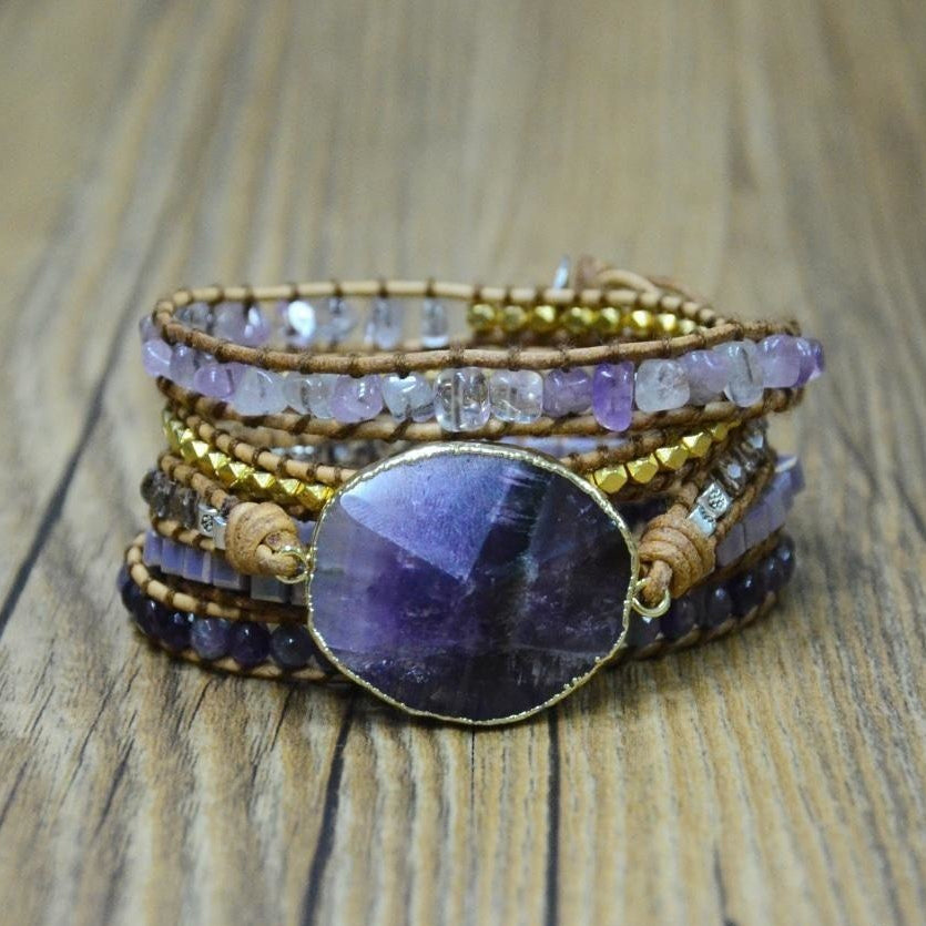 Handmade Natural Amethyst Gemstone Leather Wrap Bracelet