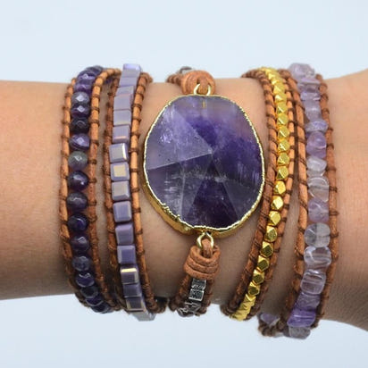 Handmade Natural Amethyst Gemstone Leather Wrap Bracelet