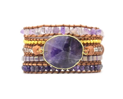 Handmade Natural Amethyst Gemstone Leather Wrap Bracelet
