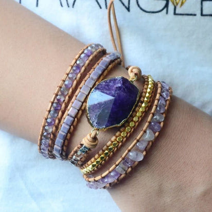 Handmade Natural Amethyst Gemstone Leather Wrap Bracelet