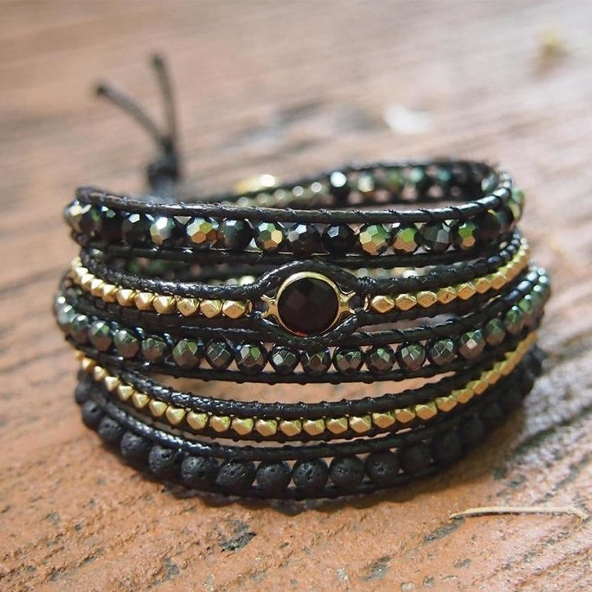 Handmade Natural Black Lava Stone & Hematite Gemstone Wrap Bracelet