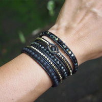 Handmade Natural Black Lava Stone & Hematite Gemstone Wrap Bracelet