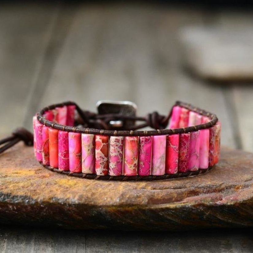 Handmade Natural Jasper & Agate Stone Leather Wrap Bracelet