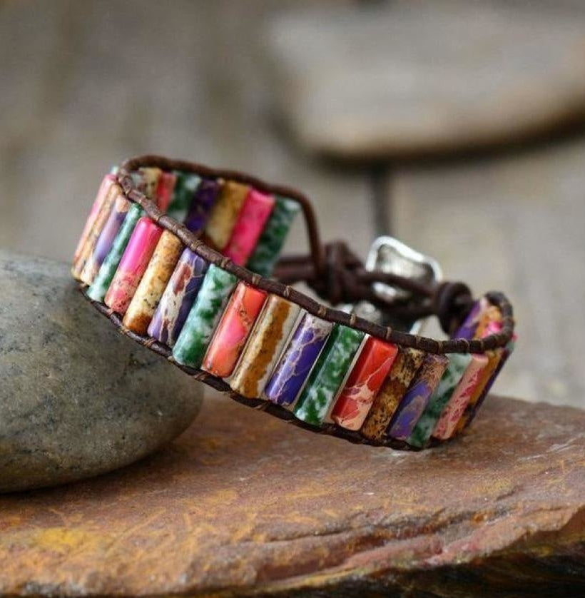 Handmade Natural Jasper & Agate Stone Leather Wrap Bracelet
