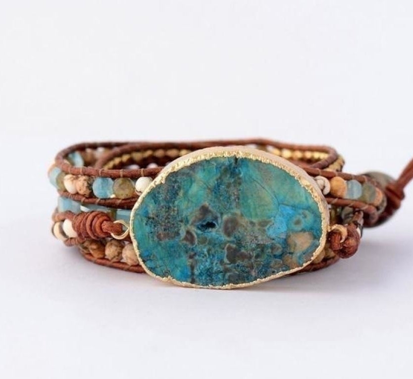 Handmade Natural Ocean Jasper Leather Wrap Bracelet