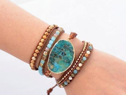 Handmade Natural Ocean Jasper Leather Wrap Bracelet