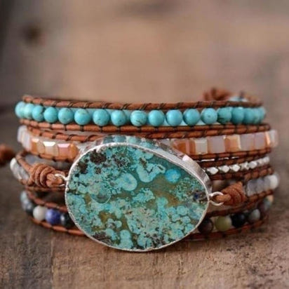 Handmade Natural Ocean Jasper Leather Wrap Bracelet