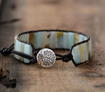 Natural Amazonite Stone & Leather Tree Of Life Bracelet
