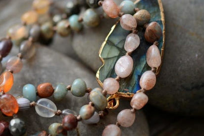 Handmade Natural Strawberry Quartz & Pyrite Necklace with Labradorite Pendant